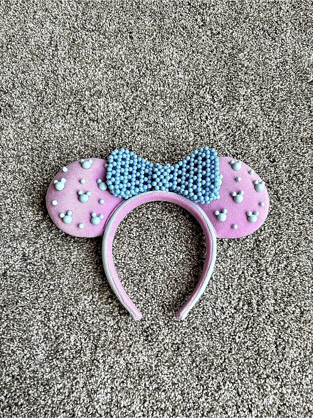 Disney Parks Minnie Mouse with Mickey Icons Blue Beaded Bow Ear Headband